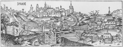 منظر لبراغ ، رسم توضيحي من "Liber Chronicarum" بقلم هارتمان شيدل (1440-1514) نُشر في نورمبرغ ، 1493 بواسطة مايكل و Pleydenwurff ، Wolgemuth