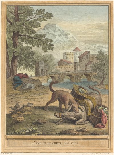 L'ane et le chien The Donkey and the Dog ، نُشر عام 1756. بواسطة ميشيل أوبيرت