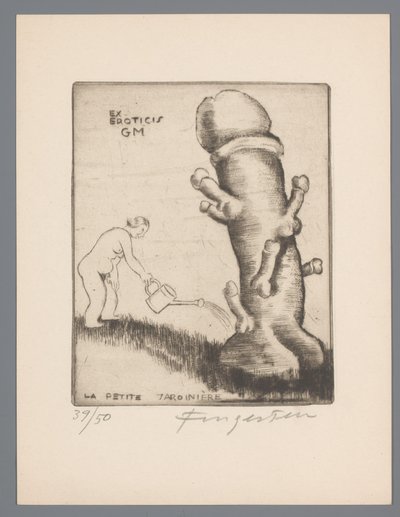 Ex libris van Gianni Mantero. السابق ليبريس فان جياني مانتيرو Exeroticis GM (العنوان على الكائن) La petite jardinière (العنوان على الكائن) بواسطة ميشيل فينجستين (توقيع الفنان)
