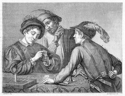الغشاشون. نقش من القرن التاسع عشر يصور عمل كارافاجيو (إيل كارافاجيو) حوالي عام 1596. بواسطة مايكل أنجلو (بعد) كارافاجيو
