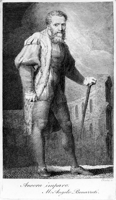 Ancora imparo ، نقشها ويليام بليك ، رسم توضيحي من "محاضرات في الرسم" لهنري فوسيلي ، نشر عام 1801 بواسطة مايكل أنجلو بوناروتي