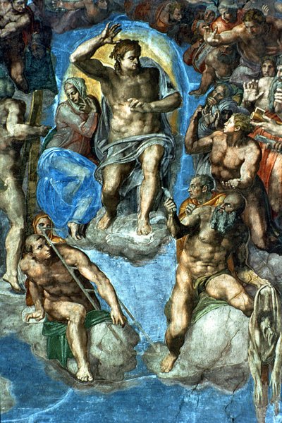 المسيح ، التفاصيل من "The Last Judgement" ، في كنيسة سيستين ، القرن السادس عشر مع صورة ذاتية لمايكل أنجلو مثل القديس بارثولوميو ممسكًا بالبشرة المتدلية بواسطة مايكل أنجلو بوناروتي