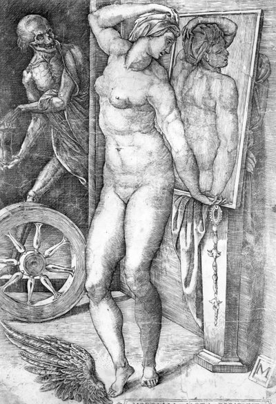 عارية تنظر إلى نفسها في مرآة ، مطبوعة من Monogrammist بواسطة Michelangelo Buonarroti