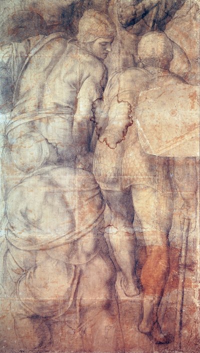 جنود ، بواسطة مايكل أنجلو (1475-1564) ، رسم كاريكاتوري تحضيري (رسم سفلي) للجدار الجداري لصلب القديس بطرس الذي تم إنشاؤه في كنيسة بولين في قصر الفاتيكان بواسطة مايكل أنجلو بوناروتي