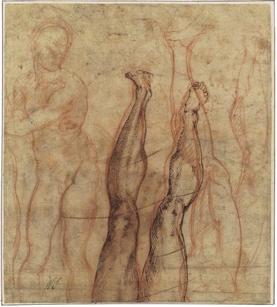 المسيح القائم ، ثلاثة أرباع طوله عاري مسحوب على دراسات الساق والقدم بواسطة مايكل أنجلو بوناروتي