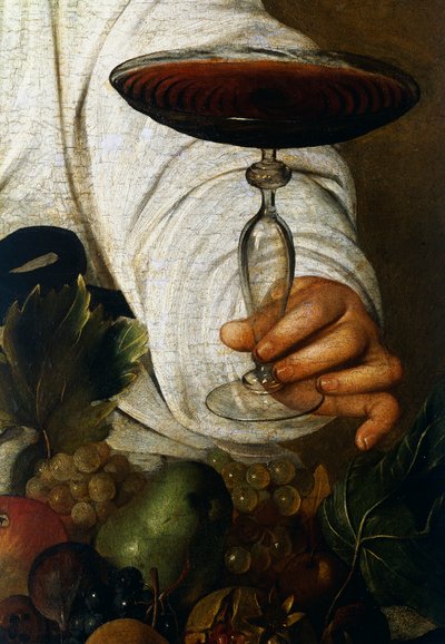 Glass of wine, detail from Bacchus بواسطة مايكل أنجلو ميريسي دا كارافاجيو