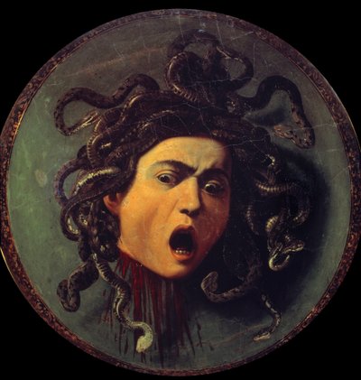 رئيس Meduse. الرسم على ظهر درع مغطى بالقماش. رمز انتصار العقل على الحواس في إشارة إلى أسطورة بيرسي وميدوز (جورجونا). لوحة لمايكل أنجلو ميريسي تسمى كارافاجيو أو كارافاجيو (1571-1610 بواسطة مايكل أنجلو ميريسي دا كارافاجيو