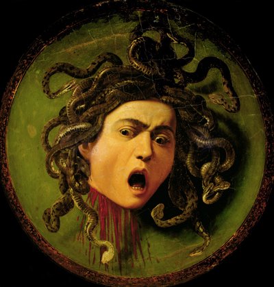 ميدوسا، مرسومة على درع جلدي، حوالي 1596-1598 (زيت على قماش متصل بالخشب) (ما قبل الترميم) بواسطة مايكل أنجلو ميريسي دا كارافاجيو