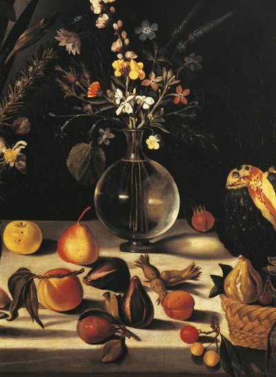Still life with flowers and fruit, by Master of the Hartford Still Life, c.1600-10 (oil on canvas) (detail of 507174) بواسطة مايكل أنجلو ميريسي دا كارافاجيو