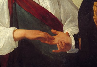 تفصيل العراف يمثل يد العميل ممدودة في يد المرأة التي تقرأ خطوط كفه. رسم مايكل أنجلو ميريسي دا كارافاجيو ديت لو كارافاجيو (حوالي 1571-1610) الشمس. 0،99 × 1،31 م بواسطة مايكل أنجلو ميريسي دا كارافاجيو