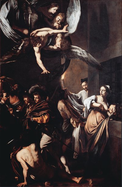 الأعمال السبعة للبؤس (Sette opere di misericordia). يحكم Cimon على الجوع في السجن ويتغذى على صدر ابنته بيرو (جمعية خيرية رومانية) وفي الخلفية رجل يحمل شعلة مشتعلة لانتشال الجثة. في الجزء العلوي من العذراء ر بواسطة مايكل أنجلو ميريسي دا كارافاجيو
