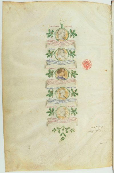 علم أنساب عائلة فيسكونتي (BNF، م. م. ل. 5888) btv1b10020318d، و36 بواسطة ميشيلنو موليناري دا بيسوزو