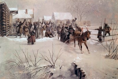 القيصر ألكسندر الثاني (1818-1881) في مزلقة يعبر قرية تحت الثلج لوحة مائية بقلم ميهالي فون زيتشي (1827-1906) سانت بطرسبرغ في القرن التاسع عشر ، شاتو دي بيترهوف بواسطة Mihaly بواسطة Zichy
