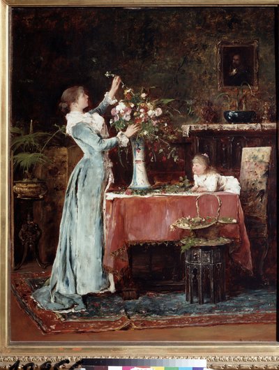 "La Composition du bouquet" (تأليف باقة) امرأة من الطبقة الوسطى (هنغارية؟) تحضر باقة من الزهور ، وابنتها تنظر إليها. لوحة لميهالي مونكاسي (1844-1900) حوالي 1880 متحف بوشكين ، موسكو بواسطة ميهالي مونكاسي