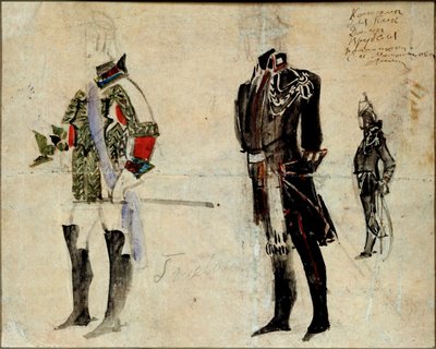 أزياء الرجال التحضيرية لأوبرا "سيدة البستوني" لبيوتر تشايكوفسكي (1840-1893) (تصميم أزياء أوبرا ملكة البستوني بقلم بي تشايكوفسكي) - عمل ميخائيل ألكساندروفيتش فروبل (فروبل) (1856-1910) .) وقلم رصاص وألوان مائية ولثة بواسطة ميخائيل الكساندروفيتش فروبل