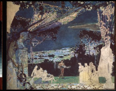 Italie، nuit a Naples - مشروع الستار المسرحي للمسرح الروسي الخاص (إيطاليا ، ليلة في نابولي ، تصميم الستائر للمسرح الروسي الخاص) - عمل ميخائيل ألكساندروفيتش فروبل (فروبل) (1856-1910) ، قلم رصاص وألوان مائية على ورق بواسطة ميخائيل الكساندروفيتش فروبل