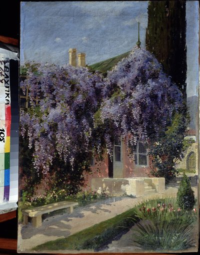 منزل متشابك مع الوستارية. لوحة لميخائيل ألكساندروفيتش أليسوف (1859-1933). زيت على قماش، 62.3 × 44.4 سم. المدرسة الروسية في أوائل القرن العشرين. متحف العمارة والفنون، ألوبكا، أوكرانيا. ©FineArtImage/ليماج بواسطة ميخائيل الكسندروفيتش اليسوف