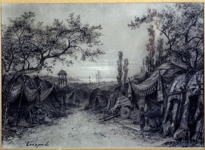 الديكور التحضيري لأوبرا "الأمير إيغور" للمخرج ألكسندر بورودين (1833-1887) (تصميم المسرح لأوبرا "الأمير إيغور" لأوبرا بورودين). معسكر عسكري من الخيام ، محاط بالأشجار ، به ثلاث شخصيات ، بينهم عازف. عمل فني ميخائيل إيلي بواسطة ميخائيل إيليتش بوشاروف