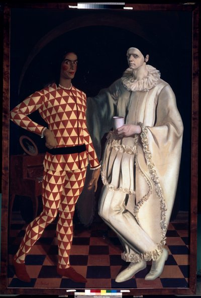 Harlequin and Pierrot (صور ذاتية ، في أزياء من Comedia dell Arte) - Harlequin and Pierrot (صور ذاتية) - رسم ألكسندر يفجينيفيتش ياكوفليف (ألكسندر إياكوفليف) (1887-1938) ، زيت على قماش بواسطة ميخائيل نيكولايفيتش ياكوفليف