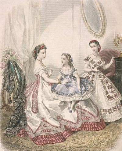 امرأتان وفتاة صغيرة ترتدي أحدث أزياء الأماكن المغلقة ، c1860 بواسطة ميليا لاكوريير