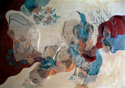 Minoan Art: "Blue Bird" جزء من لوحة جدارية من House of Frescoes. 1500 ق. هيراكليون ، المتحف الأثري ، جزيرة كريت - الفن المينوي: الطائر الأزرق. جزء من اللوحة الجدارية يظهر طائرًا بين الصخور والورود البرية والقزحية ، من House of Frescoes بواسطة مينوان