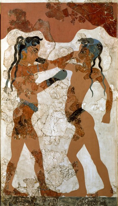 Minoan Art: "" القتال بين ملاكمين "" "فريسكو من أكروتيري إلى سانتوريني. القرن السادس عشر قبل الميلاد. أثينا ، المتحف الأثري الوطني - الفن المينوي: ملاكمة أولاد مينوان. فريسكو من أكروتيري ، سانتوريني القرن السادس عشر قبل الميلاد. ال بواسطة مينوان