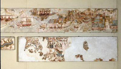 Minoan Art: "" رحلة استكشافية بحرية "" فريسكو من أكروتيري إلى سانتوريني. القرن السادس عشر قبل الميلاد. أثينا ، المتحف الأثري الوطني بواسطة مينوان