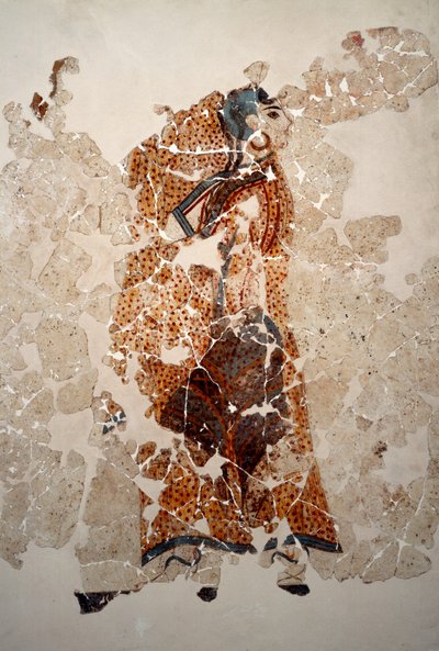 الحضارة المينوية: المرأة في العبادة. التفاصيل. لوحة جدارية من حوض Lustral في Xeste 3 في أكروتيري (ثيرا) ، سانتوريني. خافت. 143x381 سم من القرن السادس عشر قبل الميلاد سانتوريني ، مجموعة من اللوحات الجدارية لأكروتيري أ ثيرا بواسطة مينوان