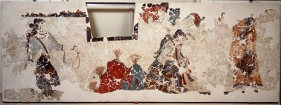 الحضارة المينوية: المرأة في العبادة. لوحة جدارية من حوض لوسترال لمبنى Xeste 3 في أكروتيري (ثيرا) ، سانتوريني بواسطة مينوان