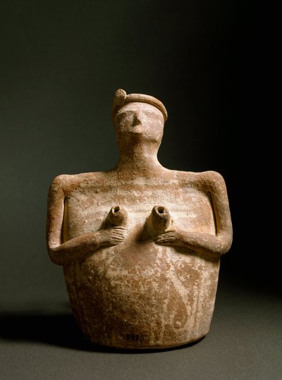 الفن المينوي: مزهرية من الطين على شكل امرأة تدعم صدرها. من حرم Piskokephalo في جزيرة كريت. 1700-1450 ق. هيراكليون ، المتحف الأثري بواسطة مينوان