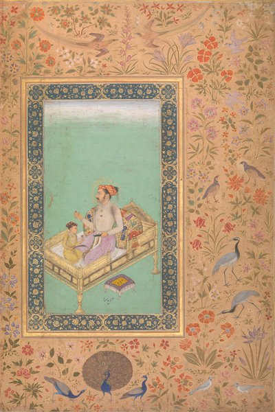 الإمبراطور شاه جيهان مع ابنه دارا شيكوه ، فوليو من ألبوم شاه جهان ، ظهر: حوالي 1620 بواسطة نانها