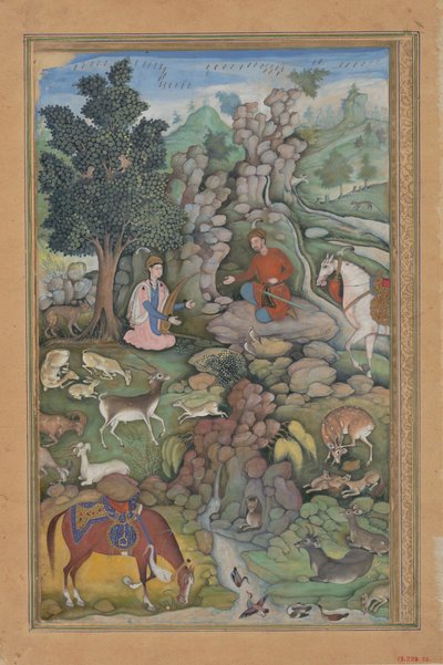 بهرام جور يرى قطيعًا من الغزلان مفتونًا بموسيقى ديلارام ، فوليو من ... ، 1597-98. بواسطة مسكين