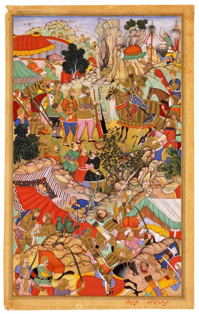 قدم تايانغ خان مع رئيس القائد المغولي أونغ خان المنمنمات من جامع الطوارخ للتاريخ العالمي ، ج. 1596 بواسطة مسكينة