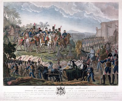 نابليون يشيد بشجاعة المهزومين ، خلال استسلام أولم ، 20 أكتوبر 1805 (نقش الألوان) بواسطة Mixille أو Mixelle Jean Marie