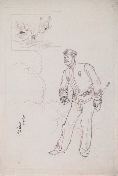 رسم تحضيري لطباعة خشبية تصور ضابطًا بحريًا يابانيًا أثناء الحرب الصينية اليابانية بواسطة ميزونو توشيكاتا