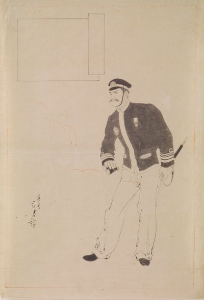 رسم تحضيري لطباعة خشبية تصور ضابطًا بحريًا يابانيًا أثناء الحرب الصينية اليابانية بواسطة ميزونو توشيكاتا