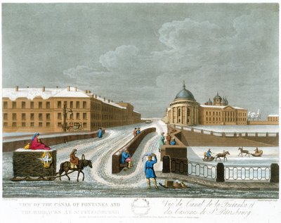 منظر لقناة فونتانكا والثكنات ، رسم توضيحي لشهر نوفمبر من A Year in St. Petersburg محفور بواسطة John H. Clark ، ملون بواسطة M. Dubourg. حانة. 1815 في لندن من قبل إدوارد أورم (ليث اللون بواسطة صباح اليوم