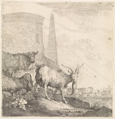ماعز وأبقار بالقرب من برج دائري به مسلة الحيوانات ذات الأرجل الأربعة (عنوان السلسلة) بواسطة Moyses van Wtenbrouck