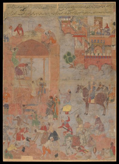 Anushirvan يضع أساس Ctesiphon في ساعة ميمونة ، ورقة مخطوطة ، c.1560-1565 (ألوان مائية مبهمة ، حبر وذهب على القماش ، مثبتة على ورق مقوى) بواسطة مدرسة موغال