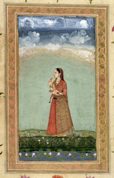 سيدة تحمل وعاء من الورود ، من ألبوم Clive الصغير (مرحاض غير شفاف على الورق) بواسطة مدرسة موغال