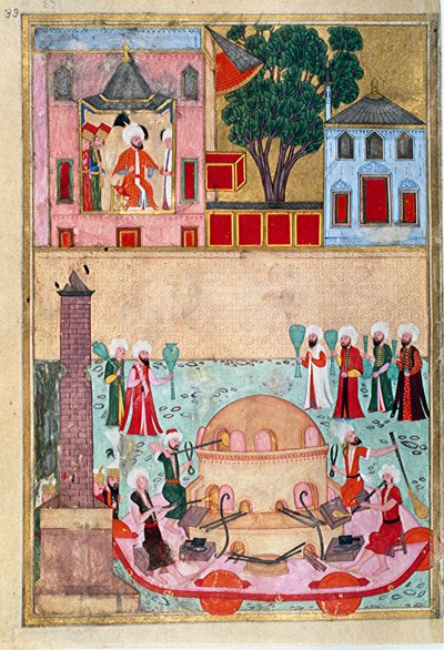 عرض منفاخ زجاجي في صفحة مضمار سباق الخيل في القسطنطينية مأخوذة من الاسم المستعار-i همايون (اللقب الأول همايون) أو "كتاب الاحتفالات" (ms. Hazine 1344) الذي رسمه عثمان. حوالي 1582 (اسطنبول) اسطنبول ، توبكابي سراي بواسطة مدرسة موغال عثمان