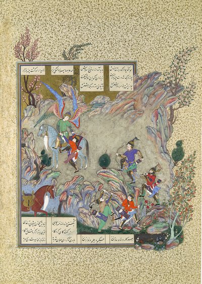 ينقذ الملاك سوروش خسرو بارفيز من طريق مسدود ، الورقة 708v من ... ، كاليفورنيا. 1530 - 35. بواسطة مظفر علي