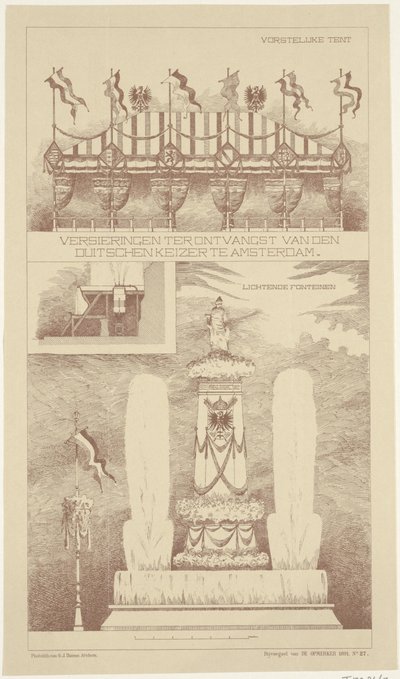 زينة في زيارة الإمبراطور الألماني لأمستردام 1891 زينة لاستقبال الإمبراطور الألماني في أمستردام (العنوان على الجسم) بواسطة NV Drukkerij GJ Thieme
