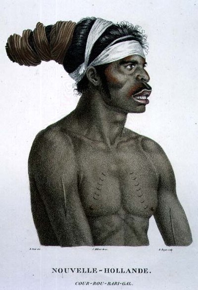 Cour-Rou-Bari-Gal ، من مواليد نيو هولاند ، اللوحة 18 من "رحلة الاستكشاف إلى الأراضي الأسترالية" ، نقشها ب. روجر ، حانة. 1800-04 (نقش) بواسطة ن (بعد) بيتي