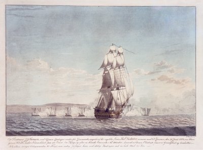 السفينة "ديكتاتور" (1783) ذات ال 64 مدفعًا تشتبك مع زوارق حربية دنماركية، 26 يونيو 1808، حوالي عام 1810 (طباعة حجرية ملونة) بواسطة N. Truslew