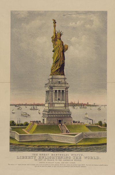 تمثال بارتولدي العظيم ، الحرية المنيرة للعالم ، هدية فرنسا للشعب الأمريكي ، حوالي عام 1885 (الطباعة الحجرية الملونة) بواسطة كوريير وآيفز