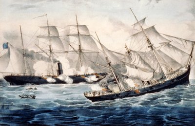 سفينة حربية أمريكية قبالة شيربورج ، فرنسا ، الأحد 19 يونيو. 1864. رسم بواسطة Currier & Ives. c1864. بواسطة N. Currier و Ives JM