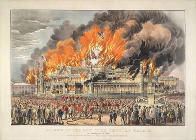 إحراق نيويورك كريستال بالاس يوم الثلاثاء الخامس من أكتوبر 1858 (طباعة حجرية ملونة) مطبوعة حجرية ملونة بواسطة كوريير وآيفز