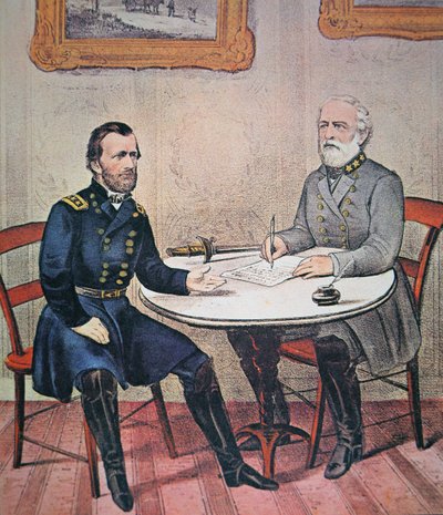 General Robert E. Lee (1807-70) surrenders to General Ulysses S. Grant (1822-85) at Appomattox Courthouse, 9th April 1865 (colour litho) بواسطة كوريير وآيفز