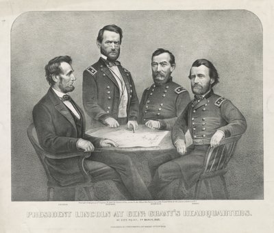 الرئيس لينكولن في Genl. مقر جرانت ، حوالي 1865 (طباعة حجرية) بواسطة كوريير وآيفز